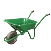 Close-up of Walsall Green HD Wheelbarrow showcasing its 90L pressed steel pan and pneumatic tyre