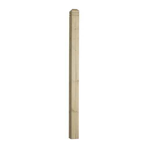 Close-up of a chamfered and beaded treated timber decking newel post, 1250mm tall with a decorative top, designed for use in garden balustrades and decking installations